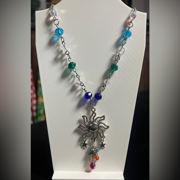 Silver Sun and Stars Charm Multicolor Beaded Necklace with Silver Pendant 18” - Picture 3 of 7